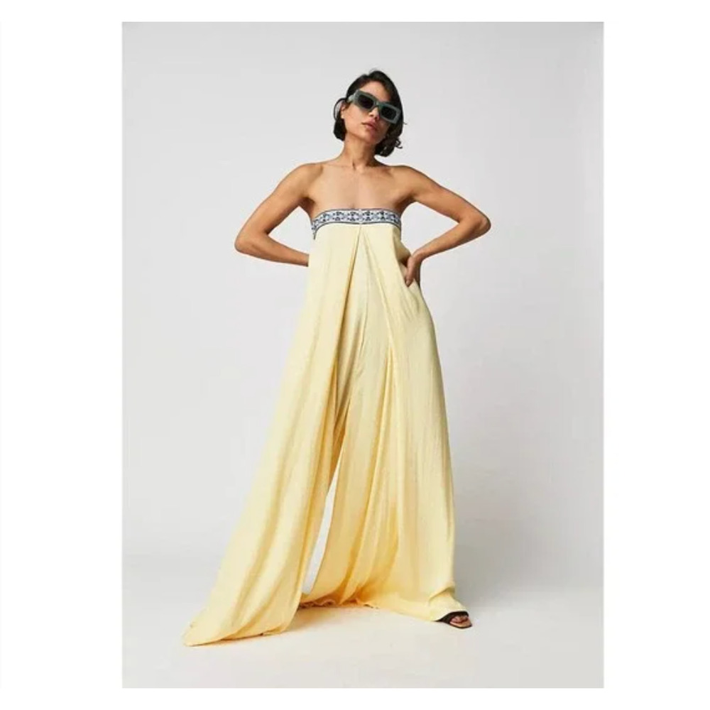 Free People Strapless Yellow Wide-Leg Jumpsuit with Embroidered Band